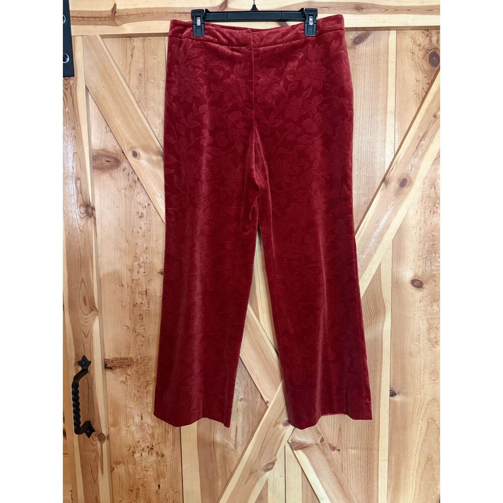 VTG Talbots Floral Embossed Velveteen Wide Leg Pants 12P Stretch Rust Red Retro